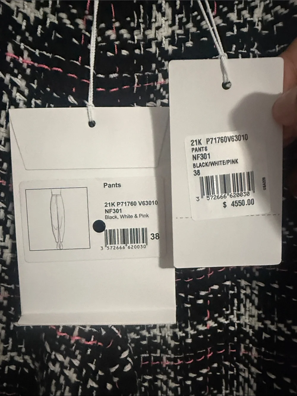 CHANEL Black & White Plaid Tweed Pants with Subtle Pink Accents